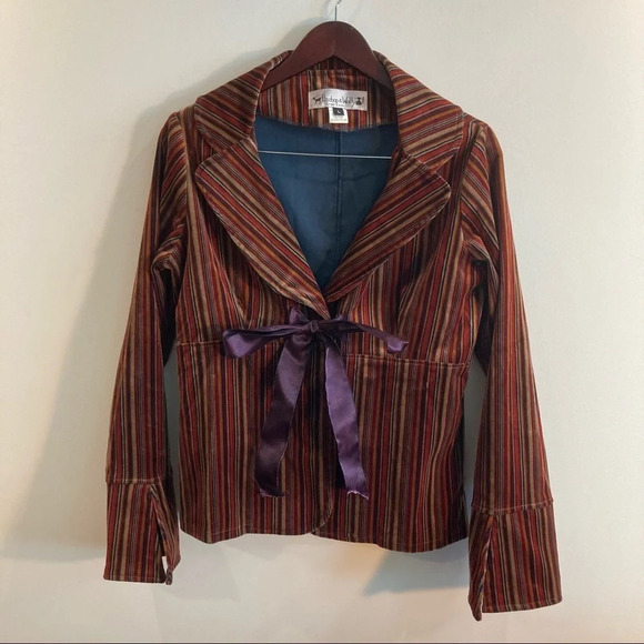 BEEBOP & WALLY Sz L  Velvet Striped Satin Bow Front Unlined Jacket - Picture 2 of 9